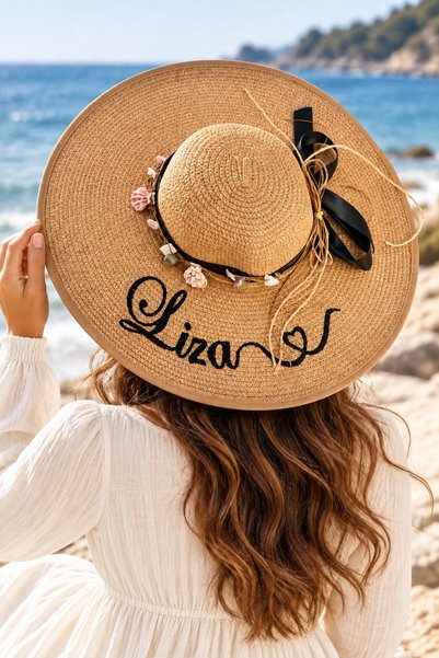 Generic Brand “Liza” Wide-Brim Straw Sun Hat with Seashells and Black Bow