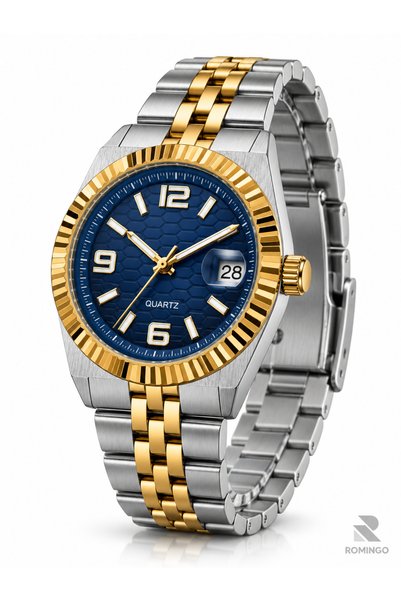 Romingo Men's Wristwatch Navy Blue Honeycomb Pattern Dial Silver Gold Color S...