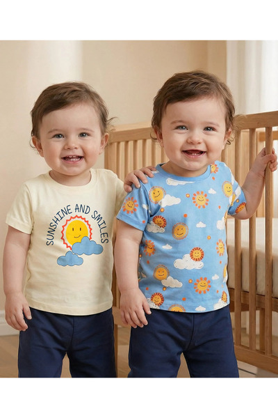 Babyoye قميص تي شيرت محبوك من القطن 100% مع طباعة شمسية (عبوة من قطعتين) - أز...