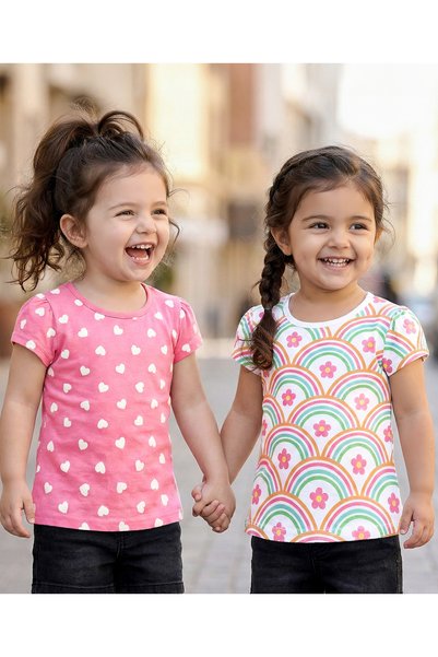 Baby Hug تيشيرتات قطنية محبوكة بأكمام قصيرة من Babyhug بطبعة قلب وزهور (عبوة ...