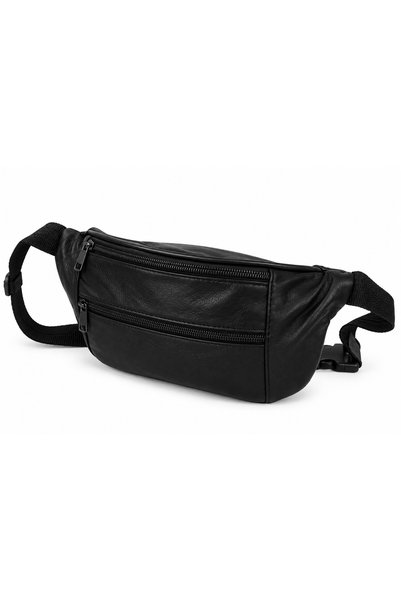 Generic Brand Black Leather Look Waist Bag Unisex Zippered Multi-Compartment ...