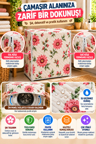 OpenCity Çiçek Desenli Çamaşır Makinesi Örtüsü Kapitone Fermuarlı Koruyucu Kılıf 63x58x84 cm Pembe Beyaz Renk