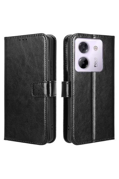 XGSM Husă tip carte pentru Xiaomi Poco M7 Pro 5G, Portofel Crazy Horse, Negru