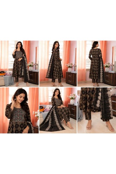 Home By SS 3-Piece Women’s Ethnic Kurta Set | Printed Pure Cotton Kurti with Palazzo Pants & Matching Dupatta