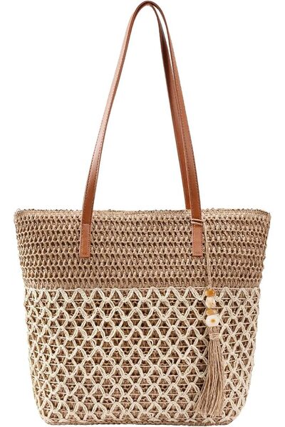 TERRIFI Straw Tote Bag, Brown Handwoven Beach Purse with Hollow Cutout Design...