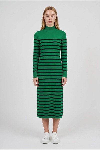 VACHT فستان نسائي أخضر بخطوط سوداء مفصلة وقصة نصفية ضيقة على شكل سمكة من التريكو