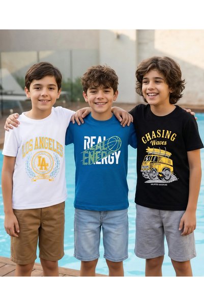 Pine kids قمصان قطنية مطبوعة بشعارات ورسومات بأكمام نصفية (عبوة من 3 قطع) - م...