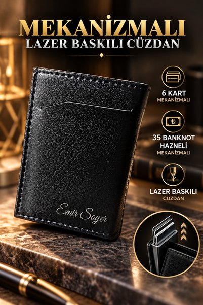 ROLE MODEL Kişiye Özel Lazer Baskılı Mekanizmalı Cüzdan 6 Kart Bölmeli Siyah ...
