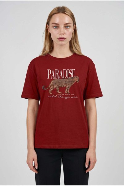 VACHT Tricou pentru femei Red Paradise Leopard, cu mânecă scurtă, croială rel...