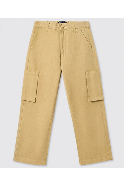Pine kids بنطلون قطني منسوج بأكمام طويلة وجيوب كارجو - بني فاتح
