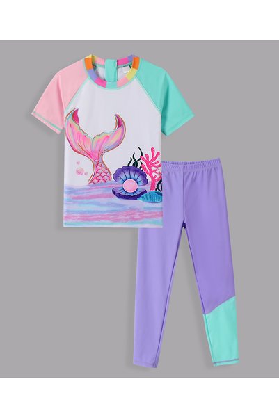 SAPS Mermaid Tail & Ocean Print Colour Block Raglan Rash Guard & Swim Legging...
