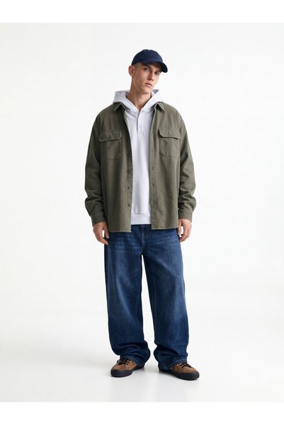 Ltb Relaxed Fit Button Detailed Hooded Blue Sweatshirt