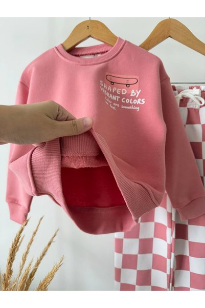 Patriko Girls' 3-Ply Cotton Printed Sweatshirt and Checked Pants Set 2-8 Years