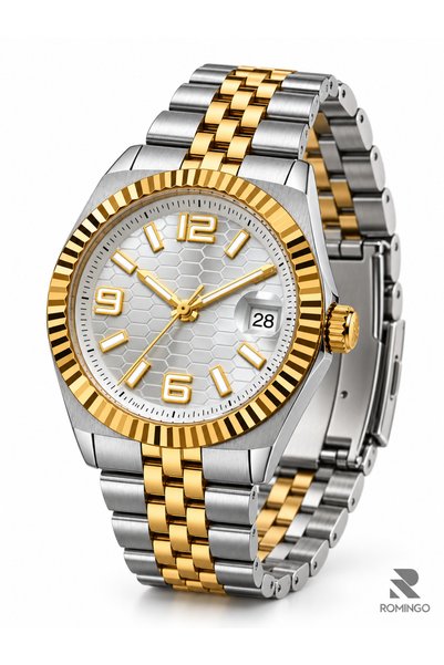 Romingo Men's Wristwatch Silver White Honeycomb Pattern Dial Gold Color Serra...