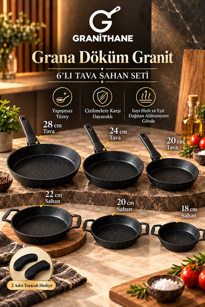GRANİTHANE Grana Döküm Granit 6'lı Tava Sahan Seti 20-24-28 cm Tava 18-20-22 ...