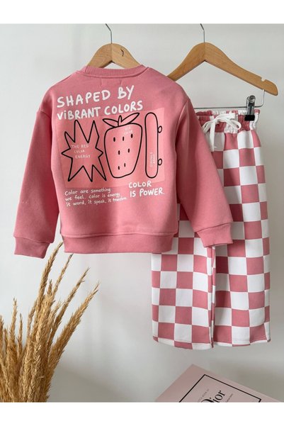 Patriko Girls' 3-Ply Cotton Printed Sweatshirt and Checked Pants Set 2-8 Years