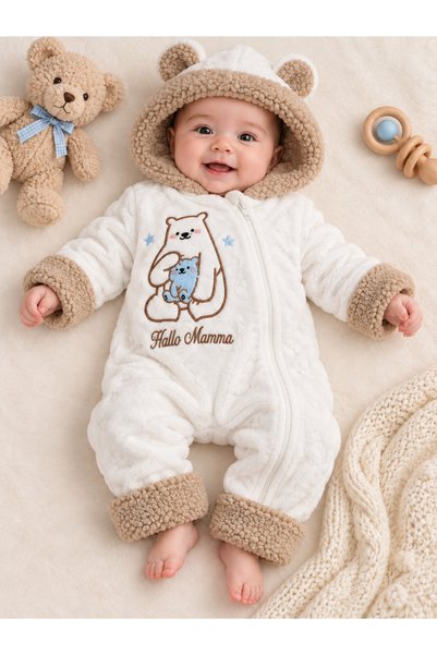 Nehad Bebe Beyaz Ayıcık Nakışlı Kulaklı Kapüşonlu Fermuarlı Peluş Bebek Tulumu