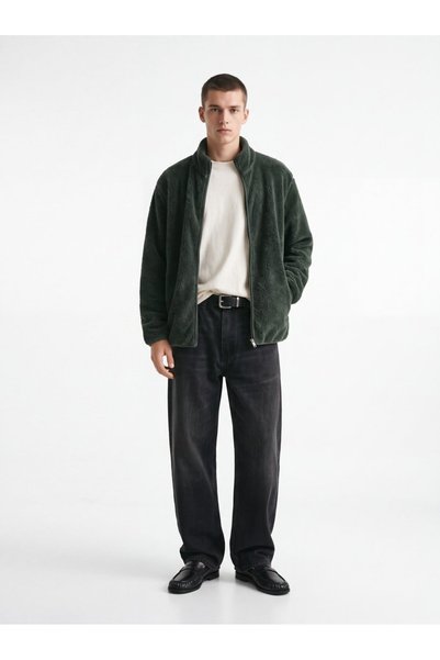 Ltb Regular Fit Plush Zippered Green Sweatshirt