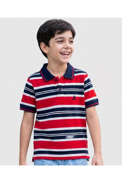 Pine kids قميص بولو قطني محبوك بأكمام نصفية ومخطط - متعدد الألوان متوفر عبر ا...