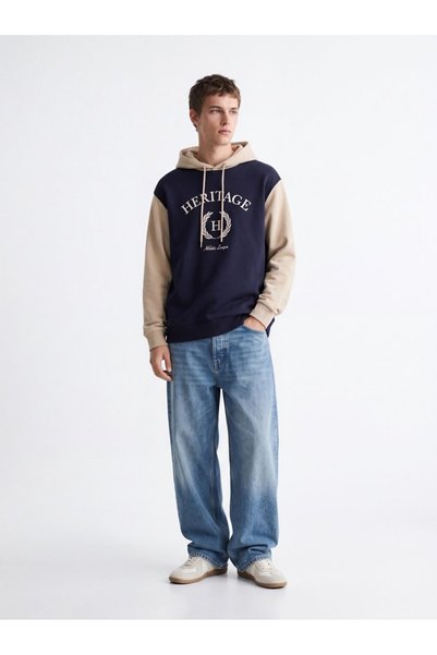 Ltb Relaxed Fit Letter Printed Hooded Navy Blue Sweatshirt