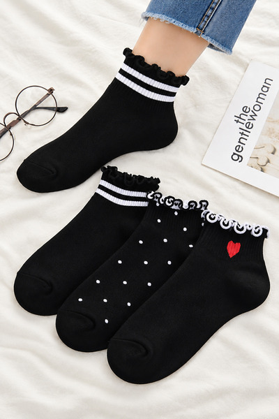 çorapmanya 4 Çift Yarım Konç Çizgili-çizgisiz / Siyah Beyaz Fırfırlı Unisex K...