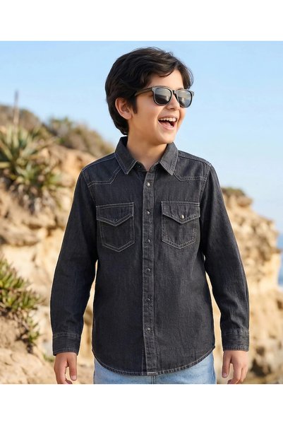 Pine kids قميص دينيم منسوج بلون موحد - أسود