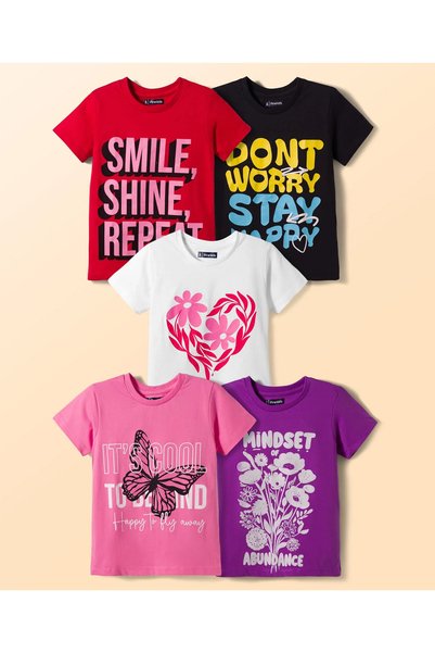 Pine kids قمصان قطنية 100% بأكمام قصيرة مطبوعة برسومات زهور وشعارات (عبوة من ...