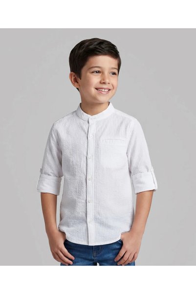 Pine kids قميص قطني 100% منسوج بأكمام كاملة وياقة ماندارين - أبيض
