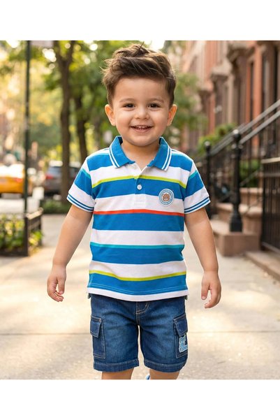 Baby Hug طقم بيبي هاج من القطن المحبوك بأكمام نصفية، تي شيرت بولو مخطط وشورت ...