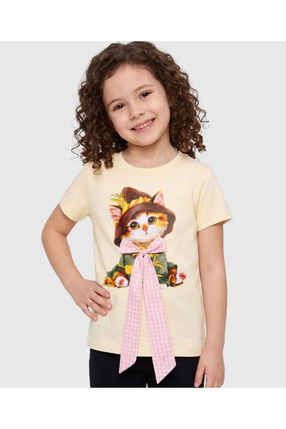 Pine kids تي شيرت قطني محبوك بأكمام نصفية مع رسومات قطط وزخرفة فيونكة مربعة ا...