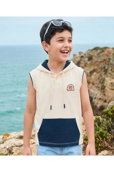 Pine kids Cotton Knit Sleeveless Hooded T-Shirt Beach Theme Print - Cream & N...
