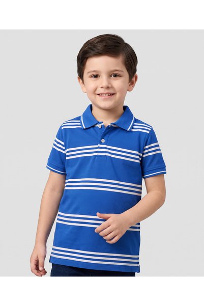 Pine kids تي شيرت بولو بخطوط أفقية وأكمام نصفية - أزرق ملكي وأبيض متوفر عبر ا...