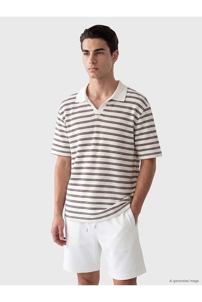 LC Waikiki Brown Jacquard Striped Standard & Regular Short Sleeve Men's T-Shirt