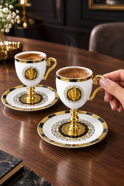 MAKRİ HOME 6 Kişilik 12 Parça Madalyon Desenli Ayaklı Gold Kahve Fincan Takım...