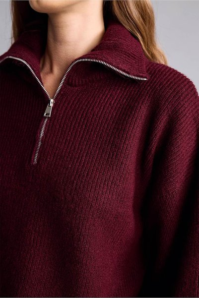 DeFacto Oversize Polo Collar Zippered Wool Blend Basic Sweater H2635Ax26Wn
