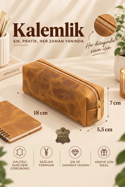 RONYA LEATHER Hakiki Deri Fermuarlı Kalemlik Anahtarlık Hediyeli