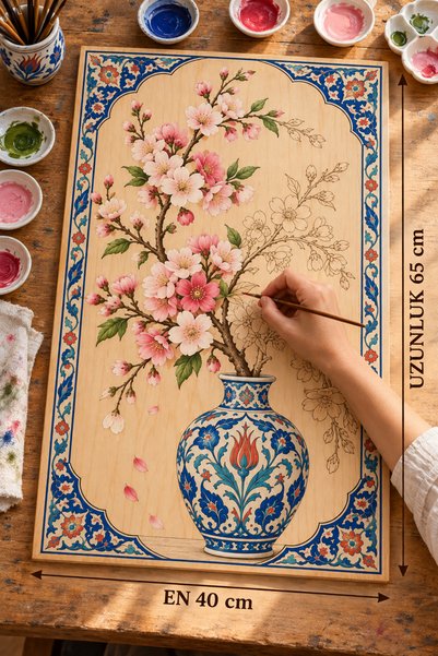 TOTTERİQ Kiraz Çiçeği Çini Motifli Ahşap Boyama Panosu 40x65 cm 3 mm 12 Renk ...