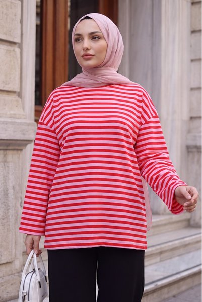 Modamorfo Bisiklet Yaka Kalın çizgili Likralı Oversize Sweat -pembe
