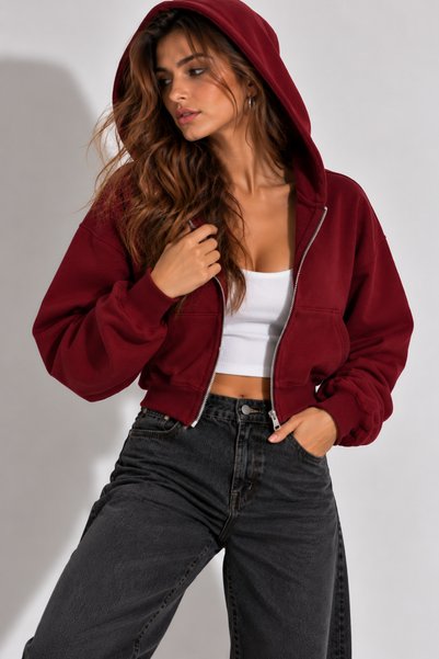 Lizbon Style Hanorac crop cu glugă și fermoar argintiu, cu 3 fire, pentru fem...