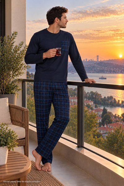 Pijamasoft Erkek Cepli Uzun Kollu Mavi Ekose Baskılı Pamuklu Örme Pijama Takımı
