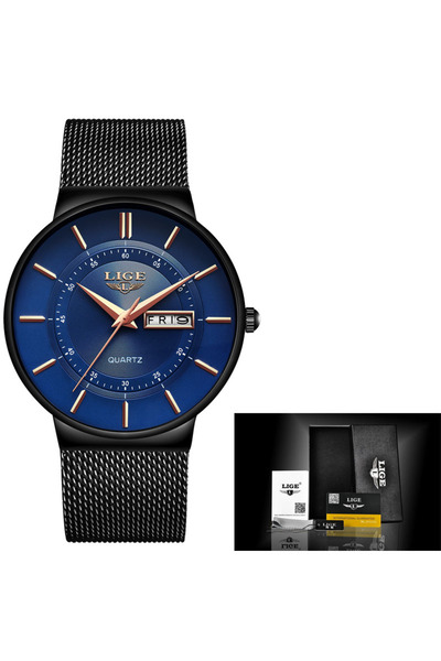 Bluejw LIGE LG9949 Sample Golden Steel Mesh Minimalist Male Analog Clock Wate...