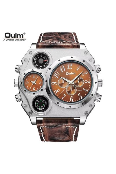 Bluejw Oulm 1349 Two Time Zone Men's Wristwatches Big Dial Casual Leather Str...