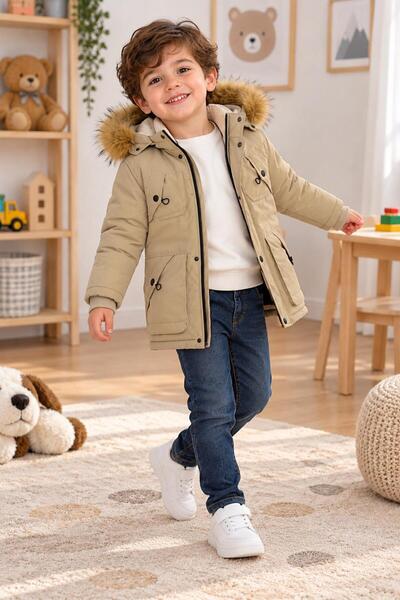 SERPİL Boys' Black Winter Coat with Fur Hood – Thick Warm Casual Outerwear fo...