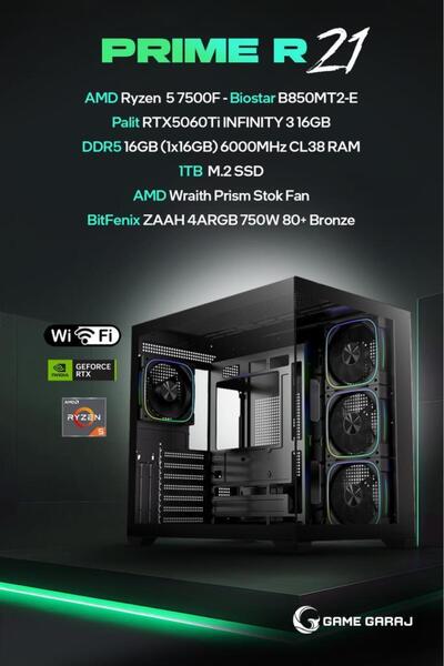Game Garaj Prime R21 AMD R5 7500F 16GB RTX5060Ti 16GB RAM 1TB SSD FreeDOS Oyu...