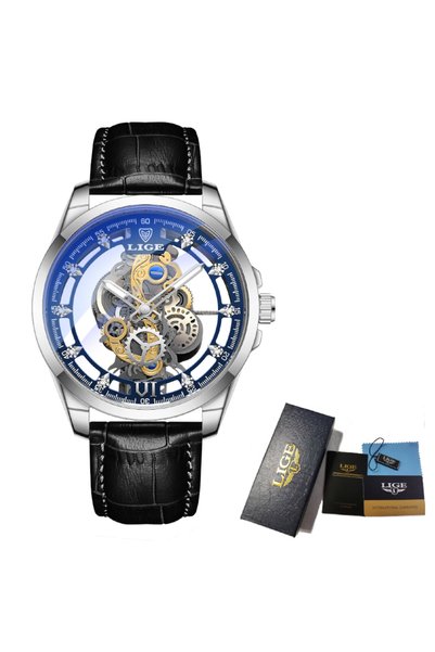 Bluejw LIGE LG8997 Black Leather Transparent Watch for Men Hollow Out Men's W...