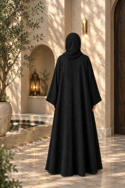 AWRAH طقم عباءة سوداء فاخرة ذات نسيج مميز مع تطريز أنيق بالخرز وشال مطابق