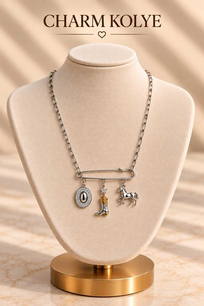 mdm style Steel Safety Pin Chain Necklace with Charm Detail