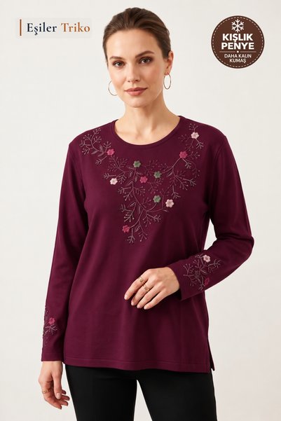 Eşiler Triko Kadın Kışlık Gönül Bahçesi Desen Yaka ve Kol İşlemeli, Taşlı Yon...
