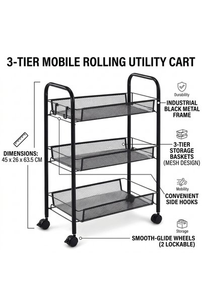 HYVESTO Etajera Tip Troler Mobil cu 3 Rafturi si Roti (45 x 26 x 63.5 cm), Ca...