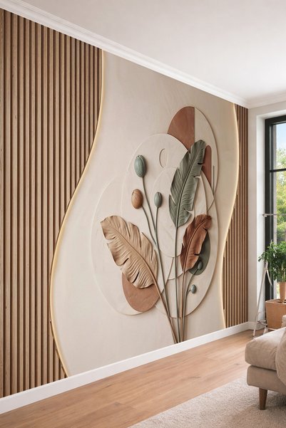 dreamwall Dikey Ahşap Çıta Görünümlü Aydınlatmalı Daire ve Yaprak Kabartma De...